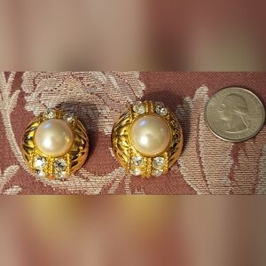 Clip on  gold, pearl & rhinestone earrings
